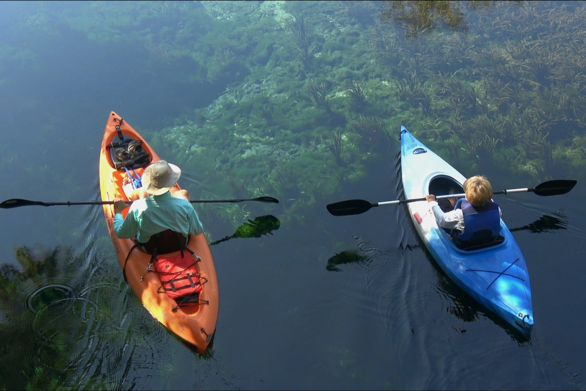Two kayakers paddling over clear water at Silver Springs State Park